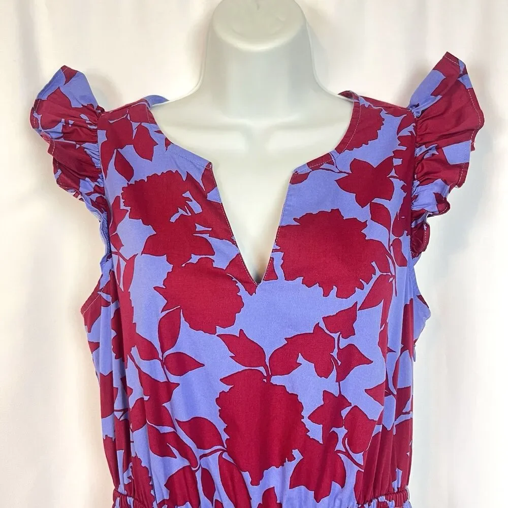 J.Crew Dress Size 4 Purple Red Floral Midi Ruffle Sleeve Cotton Tiered Casual